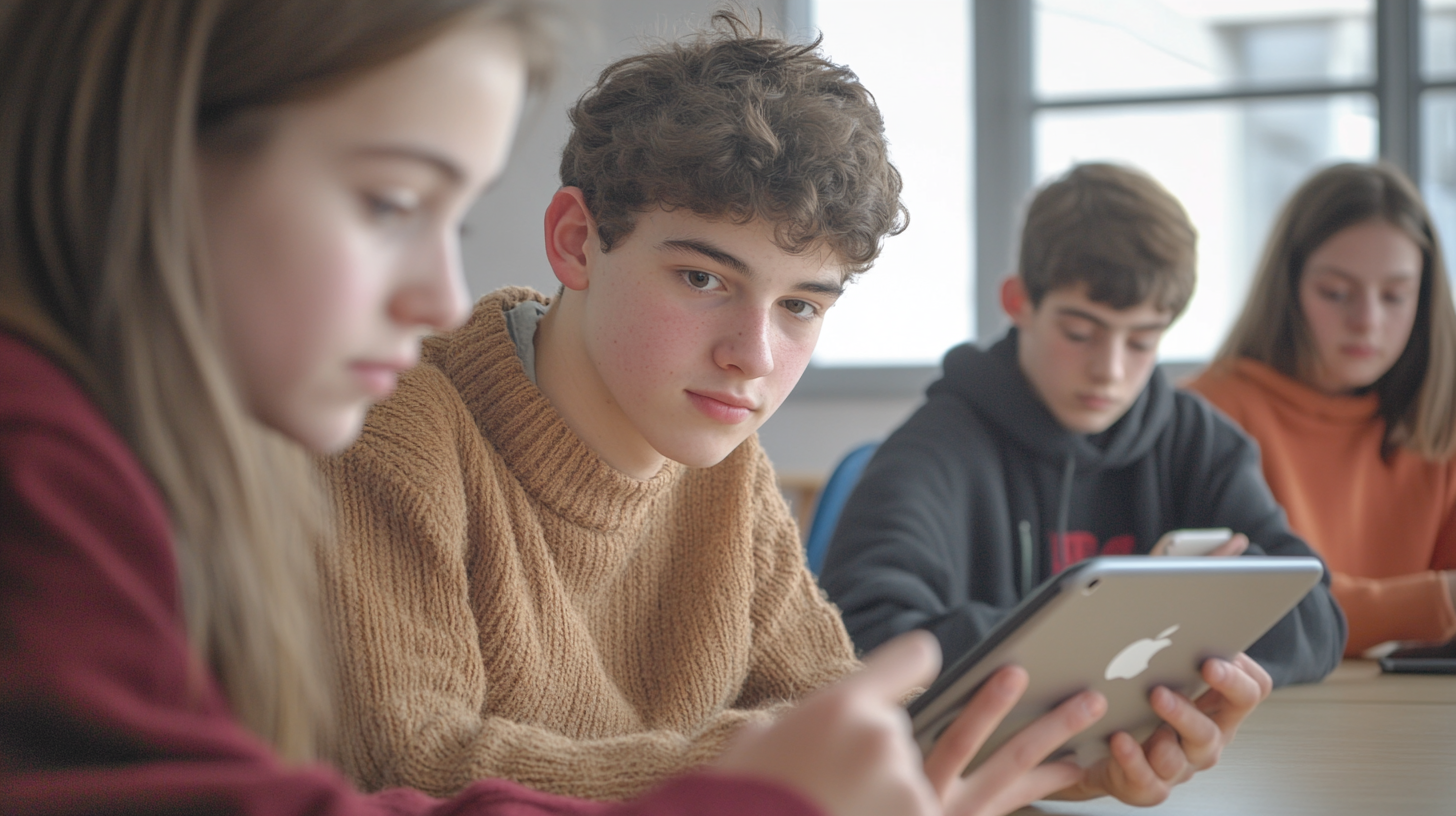 Étudiants utilisant IA avancée en classe 2025