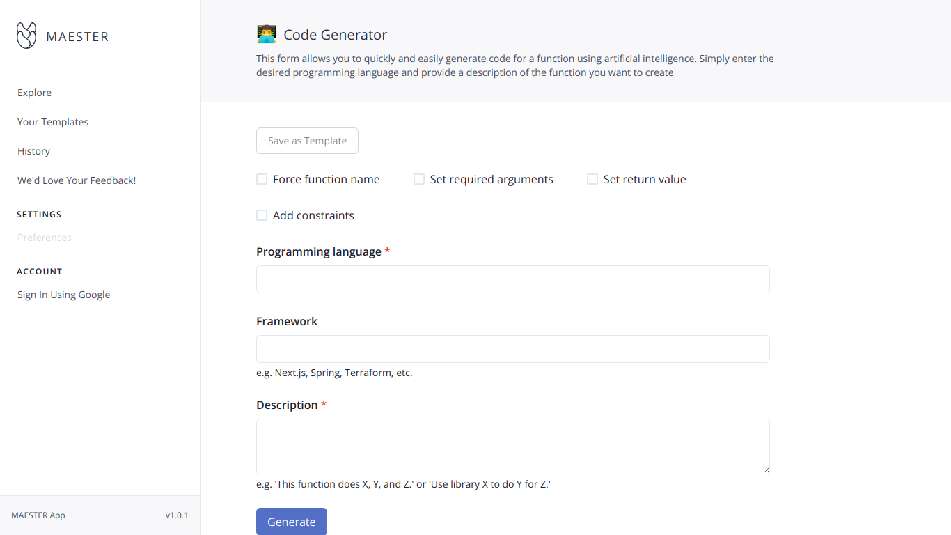 Maester code creator screenshot